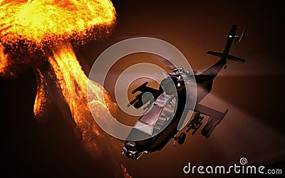 Silhouette of helicopter with explosion on background. Soldiers rescue helicopter operations. Copter in smog. 3D Cartoon Illustration