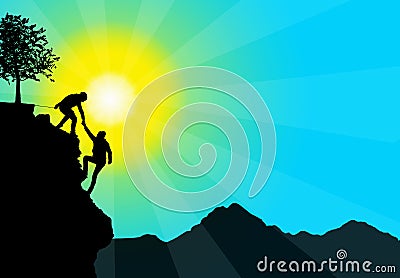 Silhouette of helping hand between two climber Stock Photo