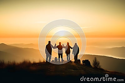 Silhouette of the hiking male and female hikers climbing up mountain, in winner pose, teamwork concept Stock Photo