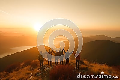 Silhouette of the hiking male and female hikers climbing up mountain, in winner pose, teamwork concept Stock Photo