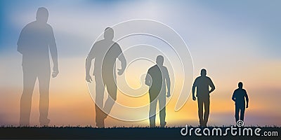 Concept of passing time with a man walking towards the horizon with the image of his past fading away. Stock Photo