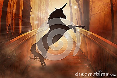 Silhouette horned horse unicorn in enchanted forest background Stock Photo