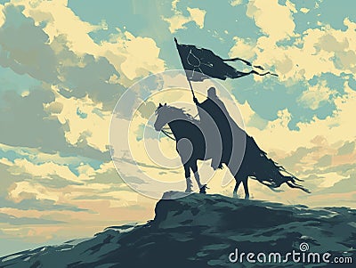Silhouette of a horseman on the top of a mountain. Generative AI Cartoon Illustration