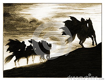 Silhouette of the horsemen. Cartoon Illustration