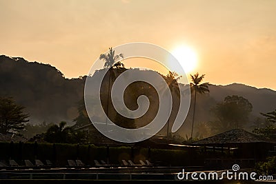 Silhouette of hotel swimming pool, palm trees, umbrellas and chairs. Tropical resort at sunrise, soft focus picture Stock Photo