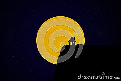 Silhouette of house in front of starry night sky with moon Stock Photo