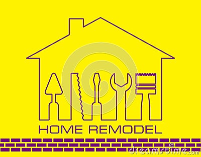 Silhouette of a house with tools for repair. Logo home remodel in yellow Vector Illustration