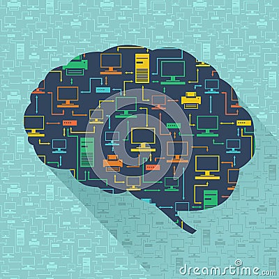 Silhouette of human brain computer network inside. Vector Illustration