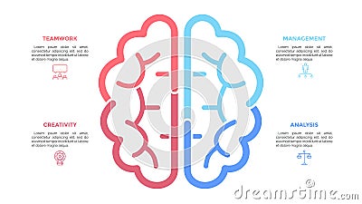 Silhouette of human brain drawn with colorful lines, linear icons and text boxes. Concept of brainstorming, modern Vector Illustration