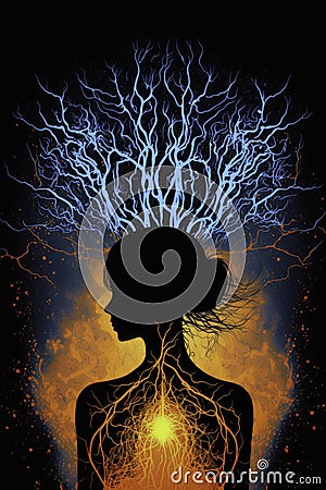 Silhouette of a Human Figure, Surrounded by a Network of Neurons, Symbolizing the Connection between Mind, Body, and Soul. Stock Photo