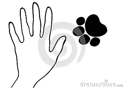 Silhouette of human hand palm and animal paw with black outline and fill on white background. Stock Photo