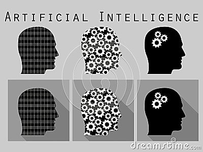 Silhouette of human head. Artificial intelligence, head with gears. Icon set in a flat design with long shadow. Vector Illustration