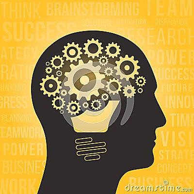 Silhouette of a human head with brain, gears and light bulb. Vector Illustration