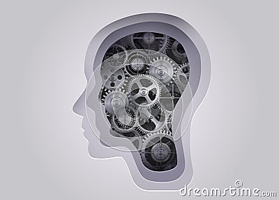 Silhouette of a human head with cogs. Concept of mental health and psychology. Vector Illustration