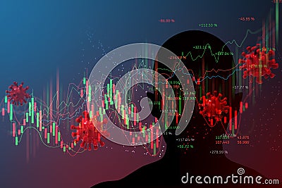 Silhouette human head with data business and stock market or forex trading graph concept banner on blue background 3D illustration Cartoon Illustration