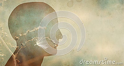 Silhouette of a human head and fluff on a branch as a symbol. Psychiatry, psychology, concept background. Overlay effect on old Stock Photo