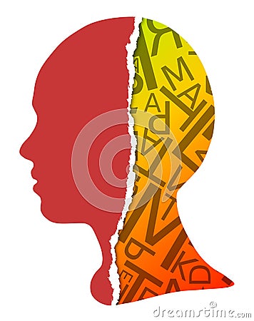 Silhouette of human head, letters scattered chaotic Stock Photo