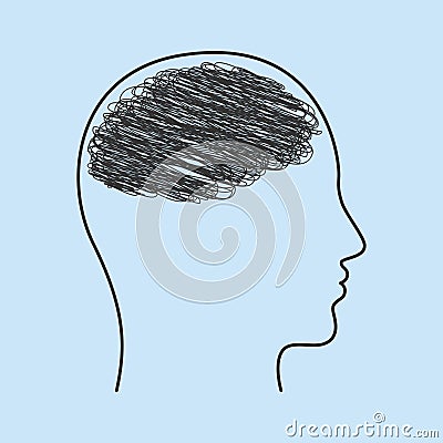 Silhouette of human head with tangled line inside. Chaotic thoughts. confused thinking, personality disorder and depression Vector Illustration