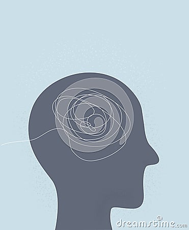 Silhouette of human head thoughts inner confusion difficulty mess chaotic mind Vector Illustration