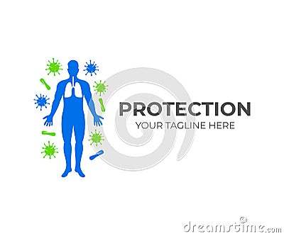 Silhouette of human with lungs and around him viruses and microbes, logo design. Healthcare, health, medicine and science, vector Vector Illustration