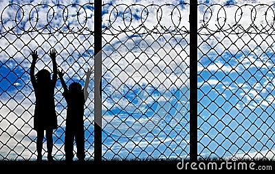 Silhouette hungry refugee children Stock Photo