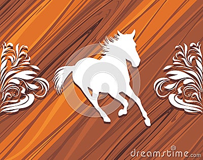 Silhouette of a hurrying horse on the wooden backg Vector Illustration