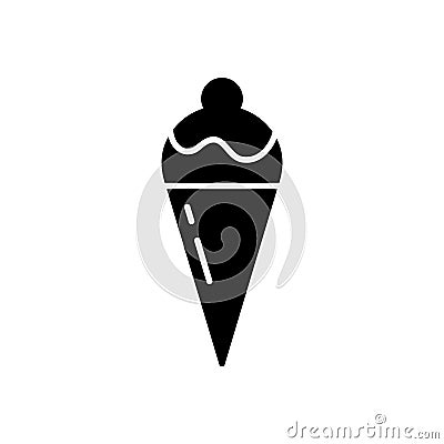 Silhouette Ice cream cone. Waffle cone, ice cream scoop with icing, cherry. Outline icon of classic summer sweet. Black simple Vector Illustration
