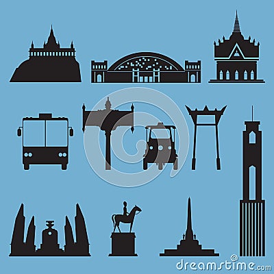 Silhouette icon set of Bangkok city landmark. Capital of Thailand. Vector Illustration