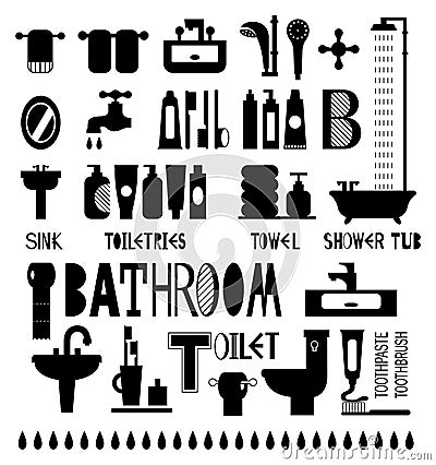 Silhouette icons of bathroom and toiletries Stock Photo