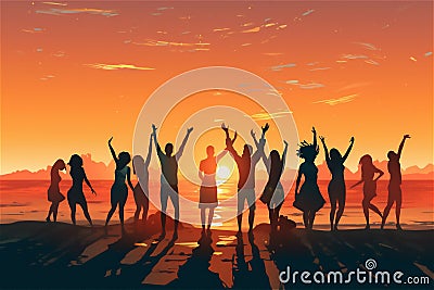 silhouette illustration of big crowd of young friends running into the sea at sunset, having fun Cartoon Illustration