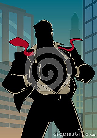 Superhero Under Cover in City Silhouette Vector Illustration