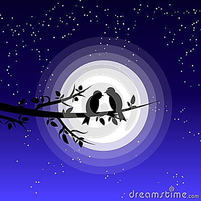 Silhouette illustration of a couple of birds on full moon night Vector Illustration