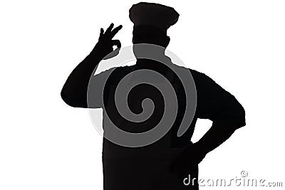 Silhouette of a happy chef on a white isolated background, male hand shows ok, food industry concept Cartoon Illustration