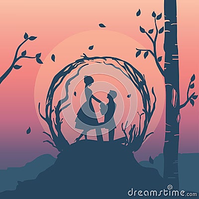 silhouette illustration of romantic couple have proposal of marriage. Cartoon Illustration