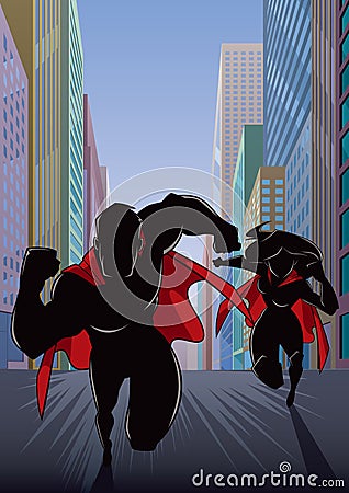 Superhero Couple Running Hero Leads Silhouette Vector Illustration