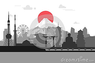 Silhouette illustration of Tokyo city in Japan.Japan landmarks Cartoon Illustration