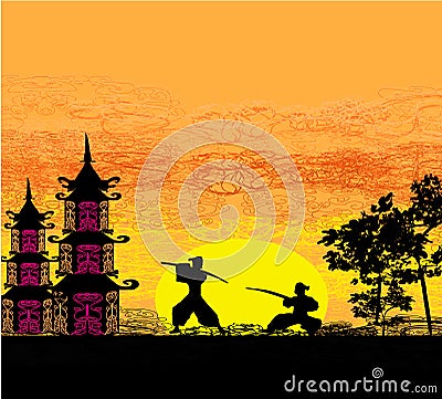 Silhouette illustration of two ninjas in duel Vector Illustration