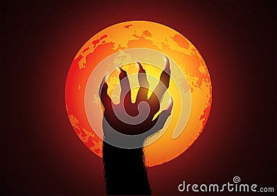 Werewolf hand against the full moon Vector Illustration