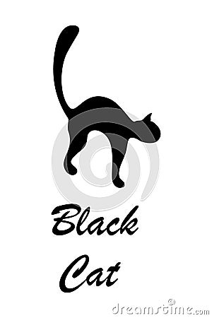 Silhouette image of a black cat with lettering Black Cat. Logotype. Sticker. National Black Cat Day Vector Illustration