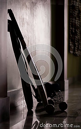 Silhouette image of cricket instruments like bat, ball, helmet placed at store room. Stock Photo