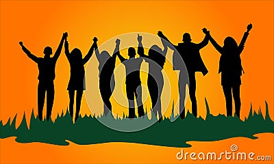 Silhouette image of group of young people holding hands up, friendly cheerful company Stock Photo