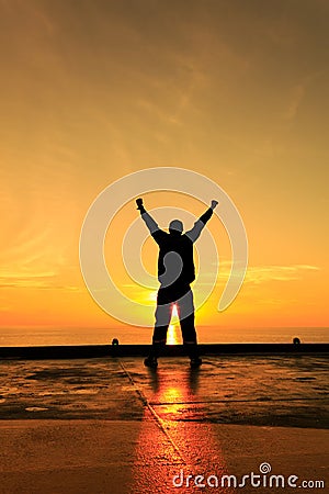 Silhouette Image of Happy Man Showing Winner Action Stock Photo