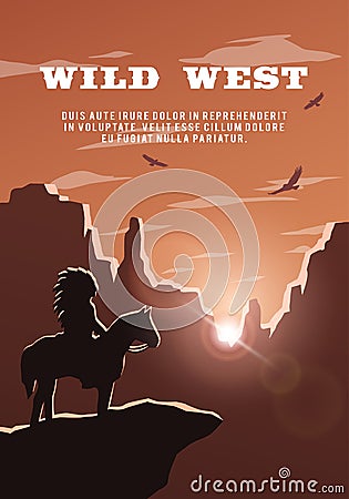 Silhouette of an Indian on the background of the wild west. Vector Illustration