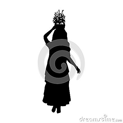 Silhouette Indian woman carries holy basil or tulasi vrindavan on her head. Indian culture and religion. Vector Illustration