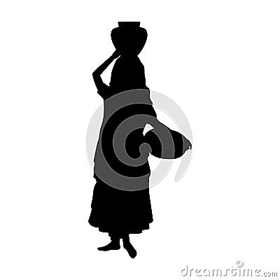 Silhouette Indian woman carrying jug on her head and basket in her hand Vector Illustration