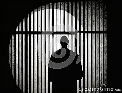 A silhouette of an individual behind bars manifesting the fear of captivity. Art concept. AI generation Stock Photo