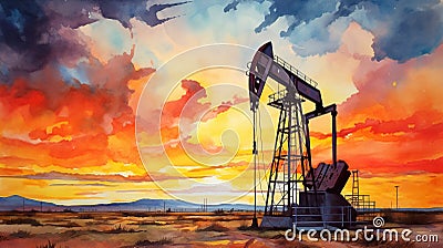 silhouette of industrial oil pump at sunset, fuel rig derrick, energy and power supply concept Stock Photo