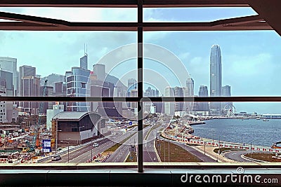 Silhouette of interior building struction with Hong Kong cityscape Stock Photo