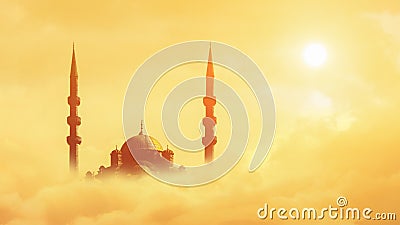Silhouette islamic mosque over sky with cloud and sunrise sky background Stock Photo