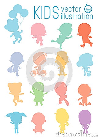 Silhouette of isolated colorful kids on white background, Set of diverse kids isolated on white background. Vector Illustration Vector Illustration